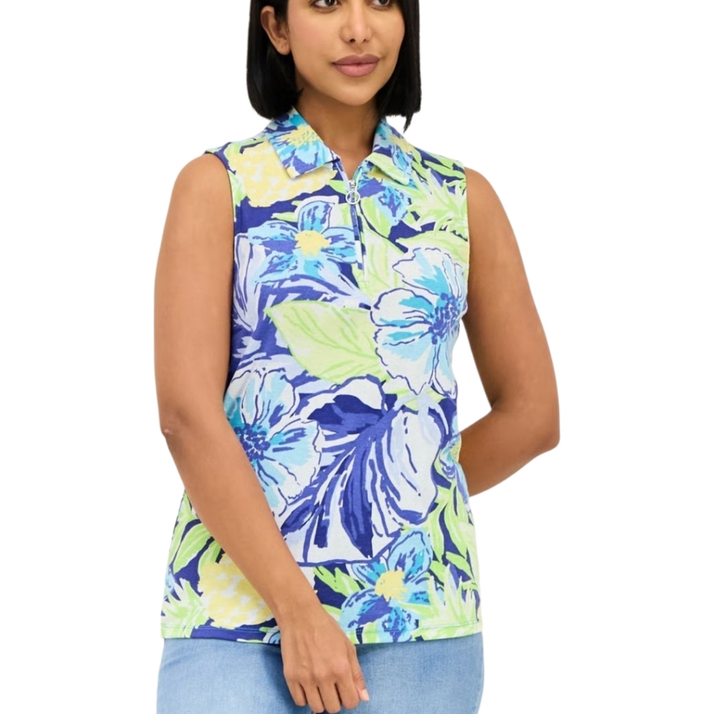 NWT Rafaella Tropical Floral Zip Polo Top M Sleeveless Golf Coastal Preppy‎